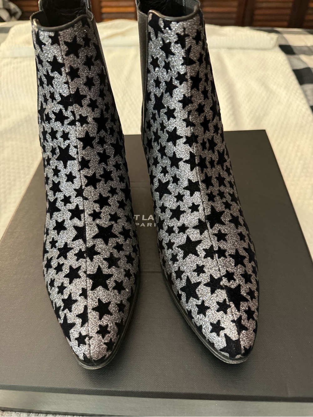 Yves Saint Laurent Silver and Black Star-Print Ankle Boots